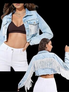 Fringe Denim Jean Jacket size small fits medium